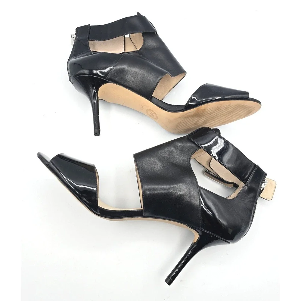 Michael Kors Black Leather Patent Cutout Stiletto Heel Sandals 9.5 Zip Back